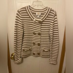 Talbots Striped Tan and Cream Double Button Cardigan Sweater